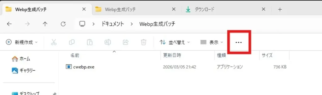 エクスプローラー メニューバー右端にあるオプション