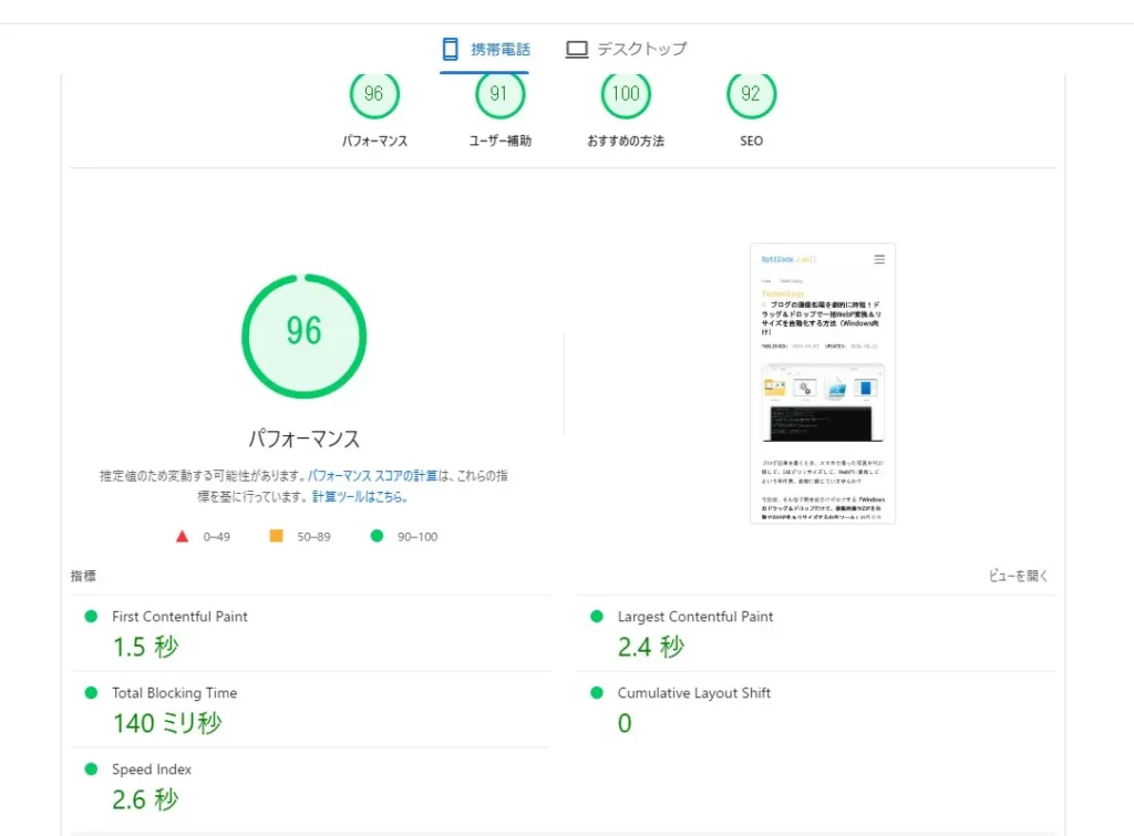 Googleタグマネージャーを削除したあとのPageSpeed Insightsスコアが96点